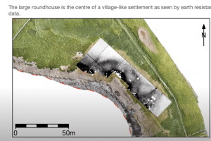 The large roundhouse is the centre of a village-like settlement as seen by earth resistance data. Slide by Steve Dockrill and Julie Bond, Bradford University. NABO Conference, 2022.