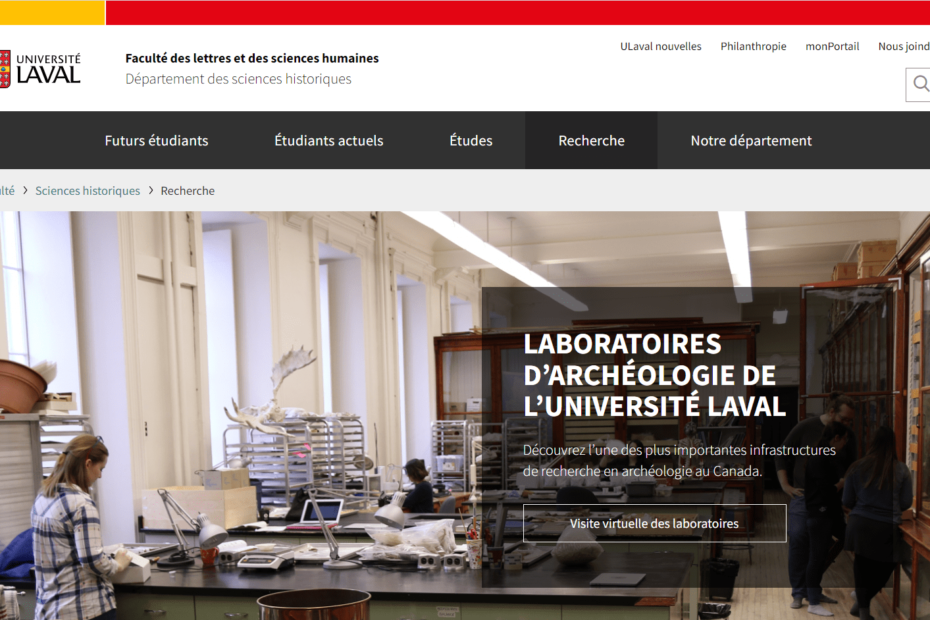 Website screenshot showing an archaeology laboratory at L’Université Laval