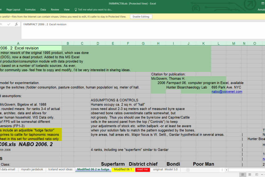 Screenshot of the FARMPACT spreadsheet