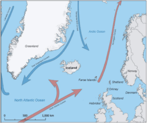 Map of the North Atlantic Ocean, showing Iceland, Greenland, Ireland, the UK and Norway, with surrounding ocean currents.