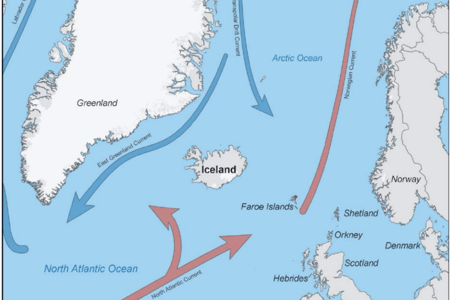 Map of the North Atlantic Ocean, showing Iceland, Greenland, Ireland, the UK and Norway, with surrounding ocean currents.