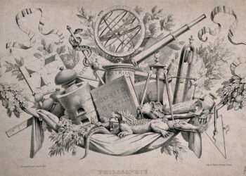 Historical lithograph depicting scientific instruments