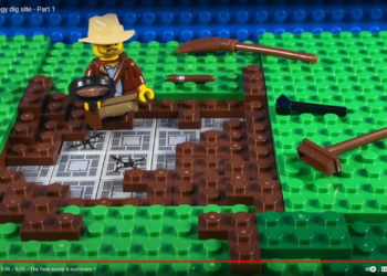 Video screenshot, showing an archaeological dig made of LEGO