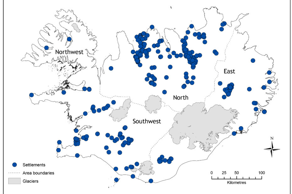 Map of the distribution of 300 settlement sites in Iceland