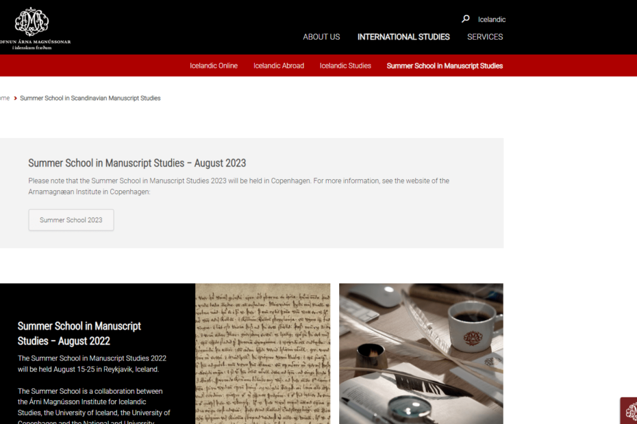 Website screenshot: Summer school in Scandinavian Manuscript studies