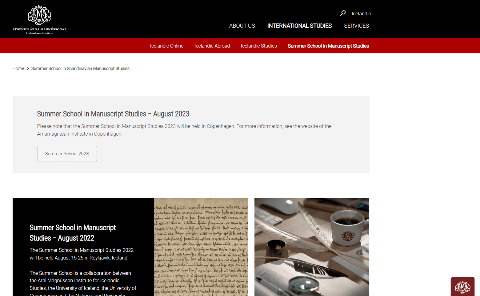 Website screenshot: Summer school in Scandinavian Manuscript studies