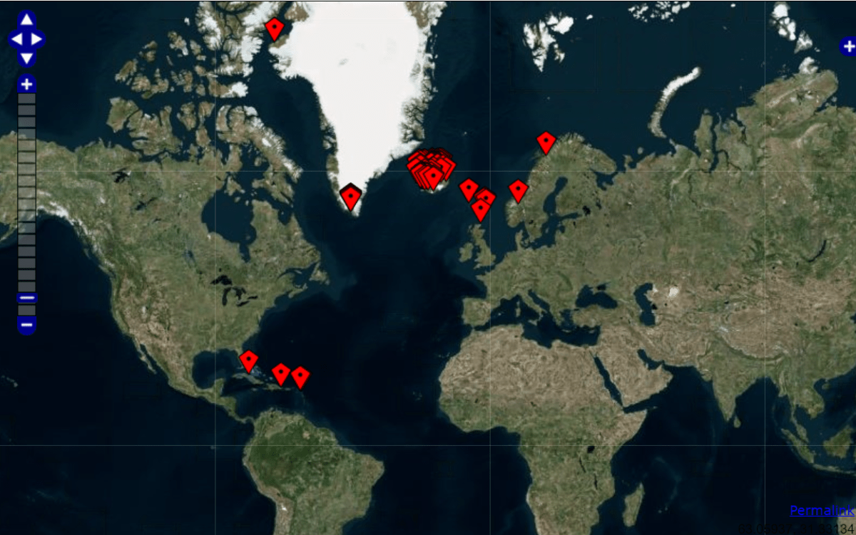 Map showing the locations of NABO projects: mainly in North Atlantic regions such as Iceland, Greenland, Scottish islands, the Faroe Islands and Scandinavia, plus a few in the Caribbean