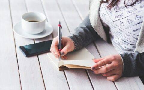 Photo of a woman writing with a cup of coffee