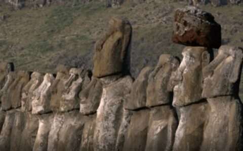 Video screenshot showing a row of Easter Island statues