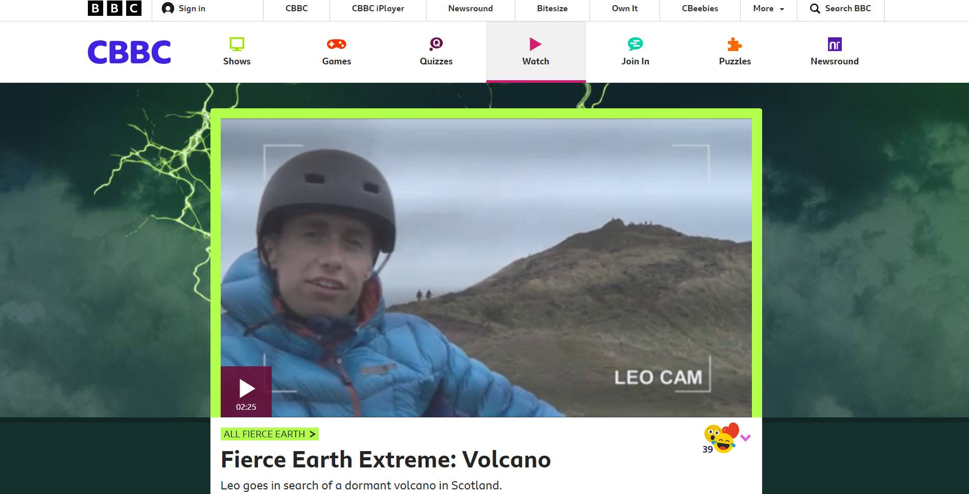 Website screenshot for the Fierce Earth Extreme: Volcano TV programme