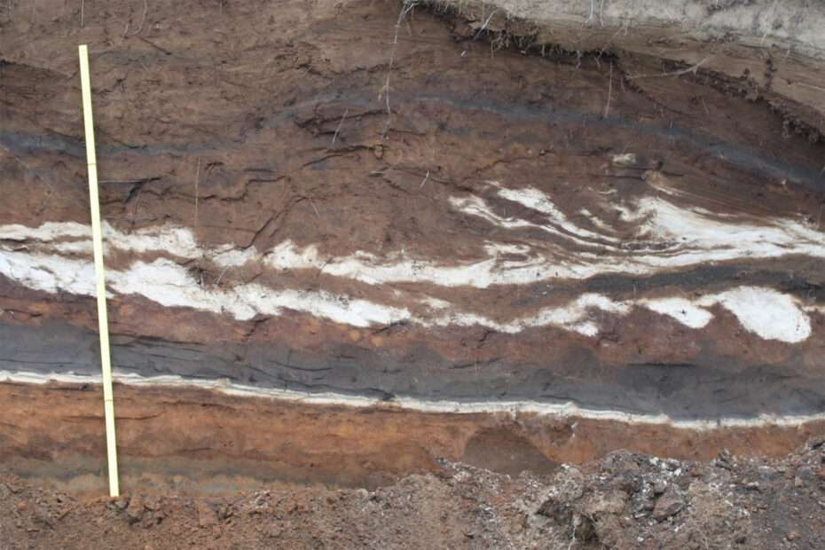Photograph of Hekla 3 and Hekla 4 tephra layers at Hrísheimar, Iceland