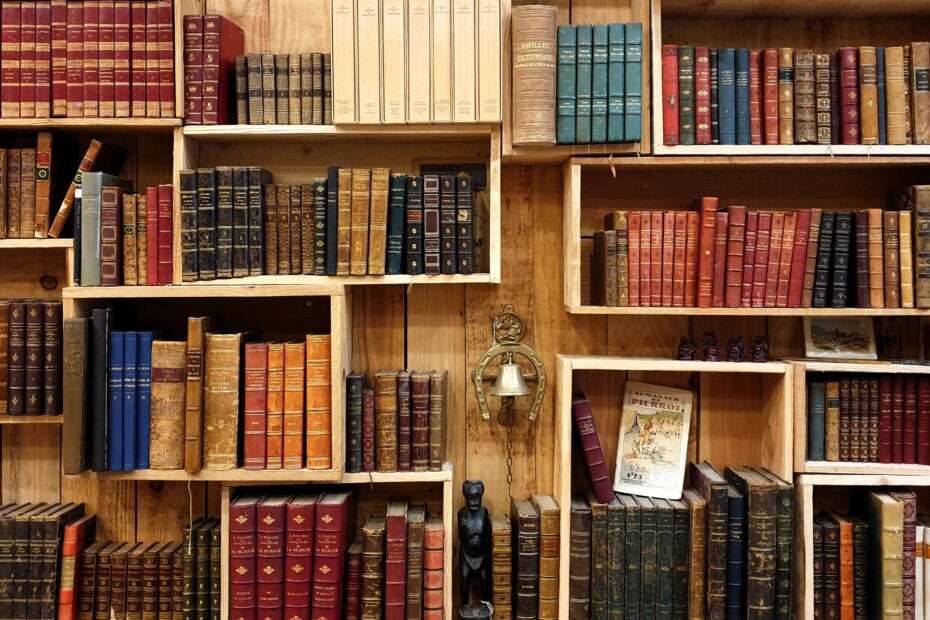 Old books on book shelves