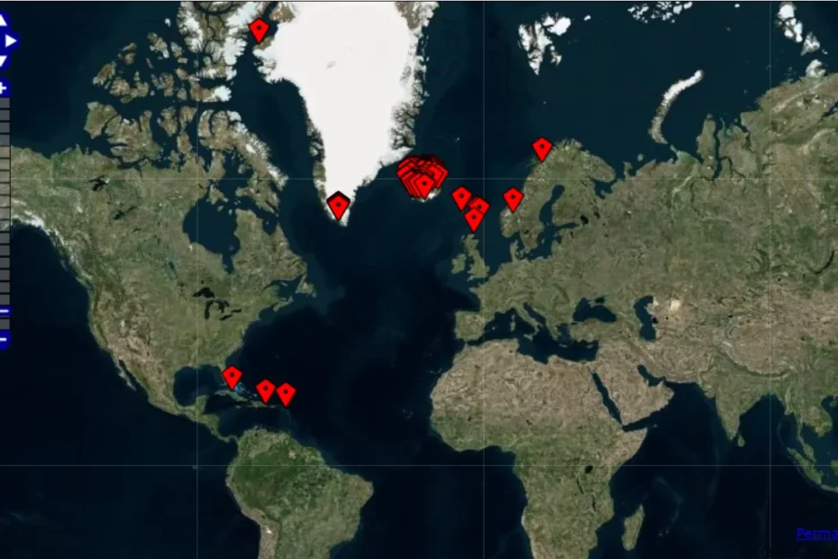 Map of the North Atlantic showing NABO project locations